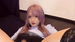 Pink-haired crossdresser vibes anal while stroking hard?