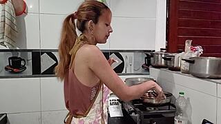 horny peruvian latina gets mouth fucked deep after cooking then facial cumshot blast