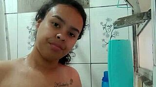 Latina brunette pornstar bathes showing off wet big ass natural tits pussy