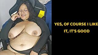 this fat cheating wife hunts big monster cocks with her huge tits and belly jiggling