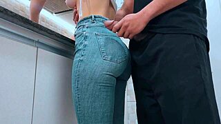 guy cums on maid's big ass in gym clothes while she washes dishes