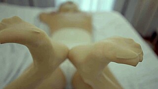 Sexy blonde milf demands cum all over her nylon-covered feet now