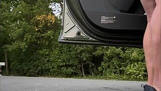 Exhibitionist flashes panties in car then outdoor forest public sex on street
