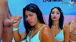 slutty stepsisters team up for deepthroat blowjob surprise on stepdad's monster cock