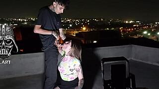 young skinny tattooed girl with pierced nipples dominated bareback by two monster cocks on the roof