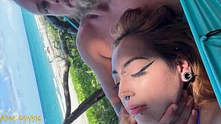 Public Beach Fingering Rips Petite Asian Whore's Clothes to Juicy Pussy Drip!