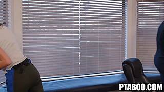 Horny office bitch caught fucking boss takes two cocks hard!