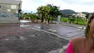 Two hot babes pedal no-panties in rain, voyeur tits bouncing wild!