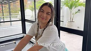 hey cutie petite blonde lures gym stranger home for hairy creampie pounding 😏🏋️‍♀️💦