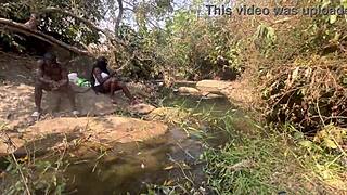 Riverside ebony group fuck nearly busted by fulanis on the bank doggystyle hairy quickie