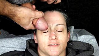 Guys night out ends with dirtydees face covered in huge cumshots