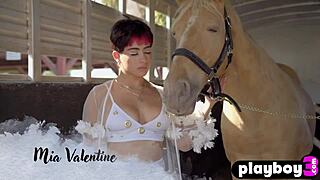 Curvy teen Mia Valentine strips teasing big tits and fat ass close-up