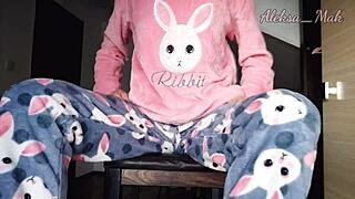 petite asian stepdaughter teases small tits and masturbates in pajamas