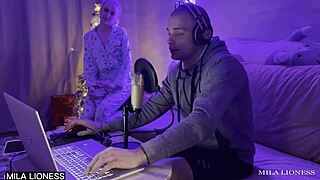 stepson pounds wet stepmom pussy during game stream she begs for more!