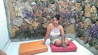 Colombian Lesbian Stretches Rub Pussy on Teacher's Leg Horny