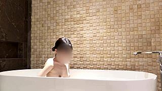 Skinny japanese brunette amateur bathes feet legs small tits luxury hotel shower