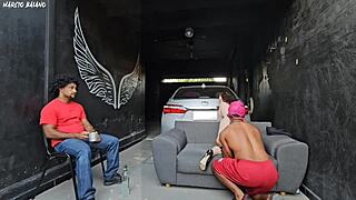 My buddy's girlfriend dances close, feels my hard cock, then fucks me raw in front of him garage creampie