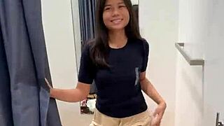 skinny 18yo asian teen sucks cock in changing room then swallows cum