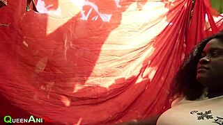 Cute black hairy pussy licked outdoors doggystyle cumshot by herbal lady muff dive