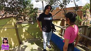 tall petite latina teen sucks monster cock outdoors then gets cum covered tits