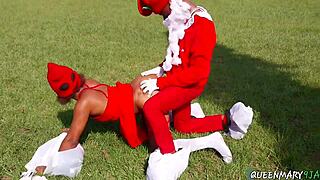 Santa eyed horny young mistress at Christmas party. Bent her over doggystyle pounding wet pussy outdoors.