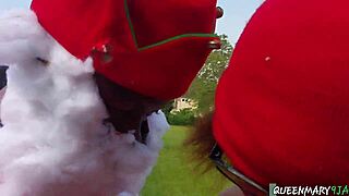 Santa eyed horny young mistress at Christmas party. Bent her over doggystyle pounding wet pussy outdoors.