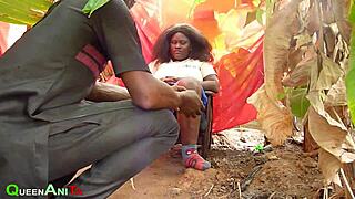 Cute black hairy pussy licked outdoors doggystyle cumshot by herbal lady muff dive