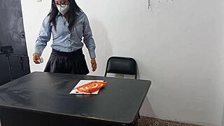 Latina stepdad's secretary milf seduces me on desk then stands for slow office fuck