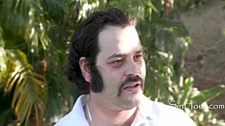 Young neighbor girl bent over deepthroating architect outdoors