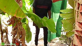 Cute black hairy pussy licked outdoors doggystyle cumshot by herbal lady muff dive