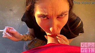 smoking babe blows fast on public balcony cumshot thrill!