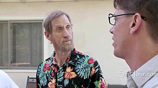 Young neighbor girl bent over deepthroating architect outdoors