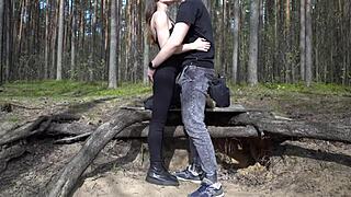 pretty brunette kneels outdoors sucking cock and rimming his ass deep