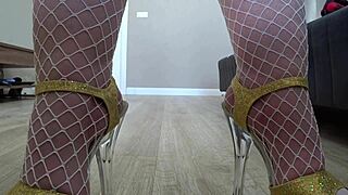 plump mature housewife's legs teased from below as she slips into sexy nurse stockings and heels