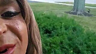 crossdressed sissy slut smokes cigarette outside house at dawn