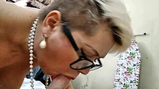 Mature bride slurps monster cock close-up before pearl necklace cumshot fun