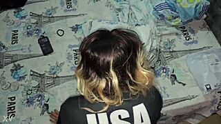 cute blonde bends over in black usa sweater for deep doggystyle pounding