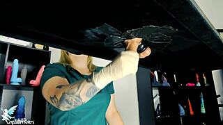 Ecstatic naughty nurse milks big cock on table with toys