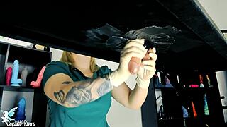 Ecstatic naughty nurse milks big cock on table with toys