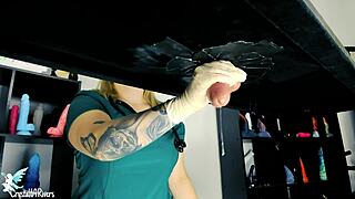 Ecstatic naughty nurse milks big cock on table with toys
