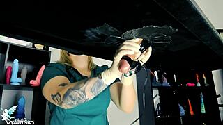 Ecstatic naughty nurse milks big cock on table with toys