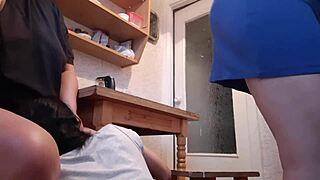 Girlfriend risks licking housekeeper's pussy under kitchen table while dishes wash!