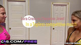 muscular lora cross battles cheyenne jewel in fierce topless wrestling catfight