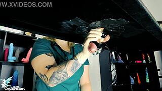 Ecstatic naughty nurse milks big cock on table with toys