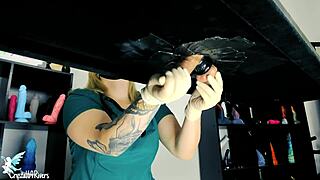 Ecstatic naughty nurse milks big cock on table with toys