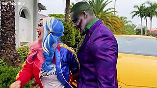 Joker unloads deep in Harley Quinn during Jason Luv and Kali Roses' hot interracial frenzy.