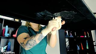 Ecstatic naughty nurse milks big cock on table with toys