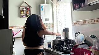 chubby latina housewife jiggles fat belly ass cooking in panties