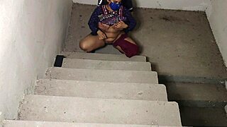 Stepbrother rams big-titted stepsis pussy rough on stairs closeup moaning.