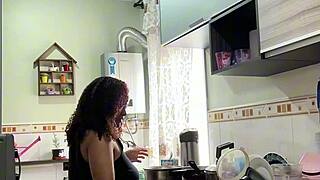 chubby latina housewife jiggles fat belly ass cooking in panties